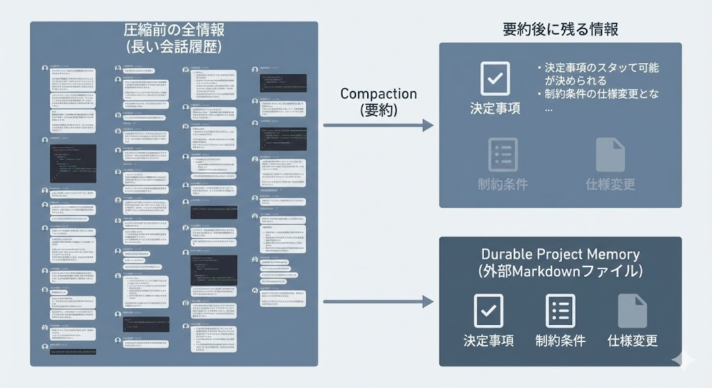 コンテキスト圧縮で情報が失われる過程と、外部ファイルで決定事項を保持する仕組みを示した図